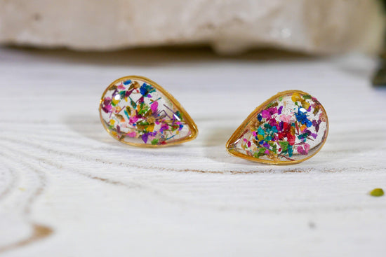 Real flower confetti stud earrings, teardrop botanical earrings, pressed flower jewelry