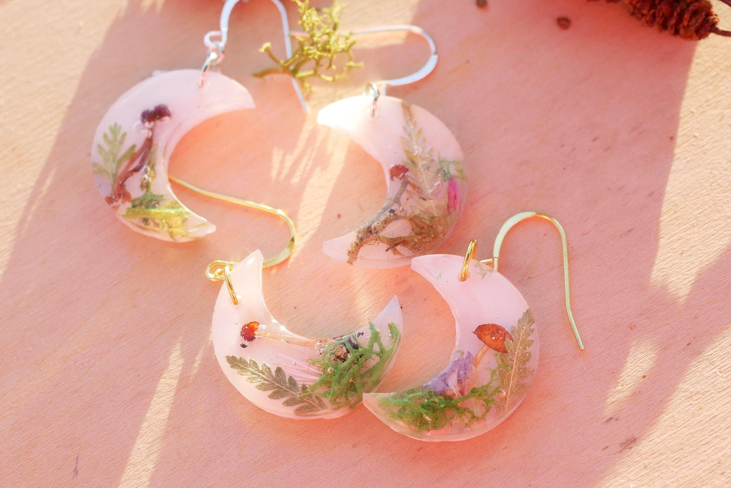 Real Mushroom Woodland Moon Earrings, terrarium earrings