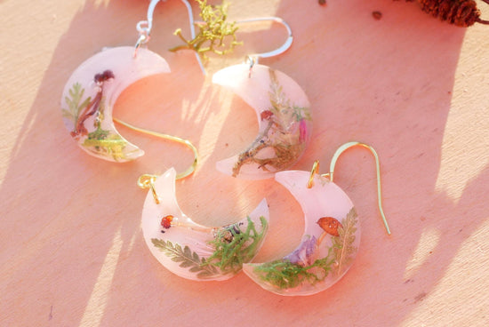 Real Mushroom Woodland Moon Earrings, terrarium earrings