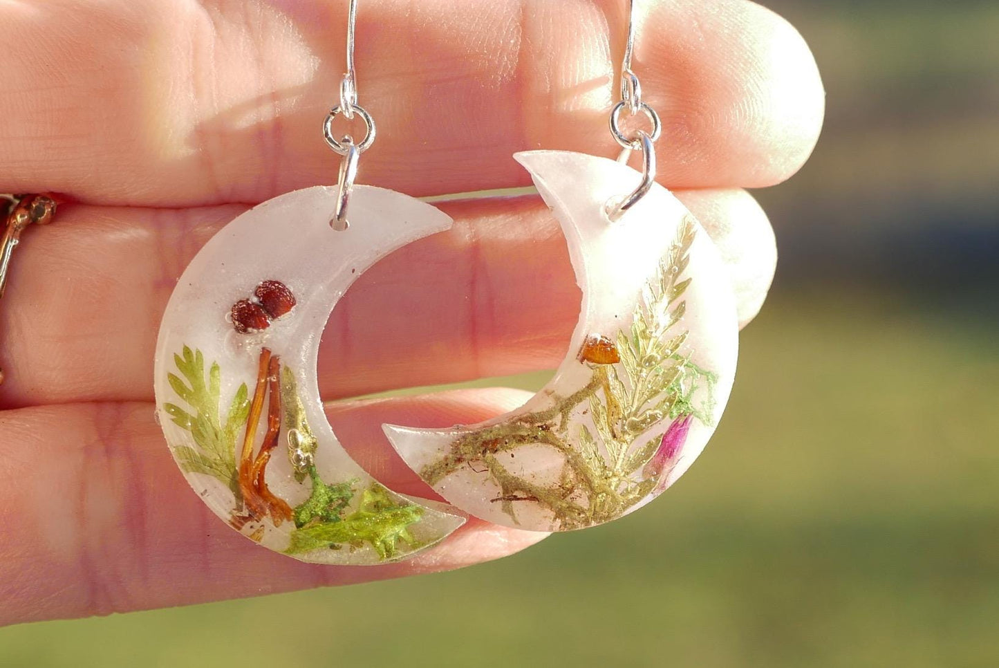 Real Mushroom Woodland Moon Earrings, terrarium earrings