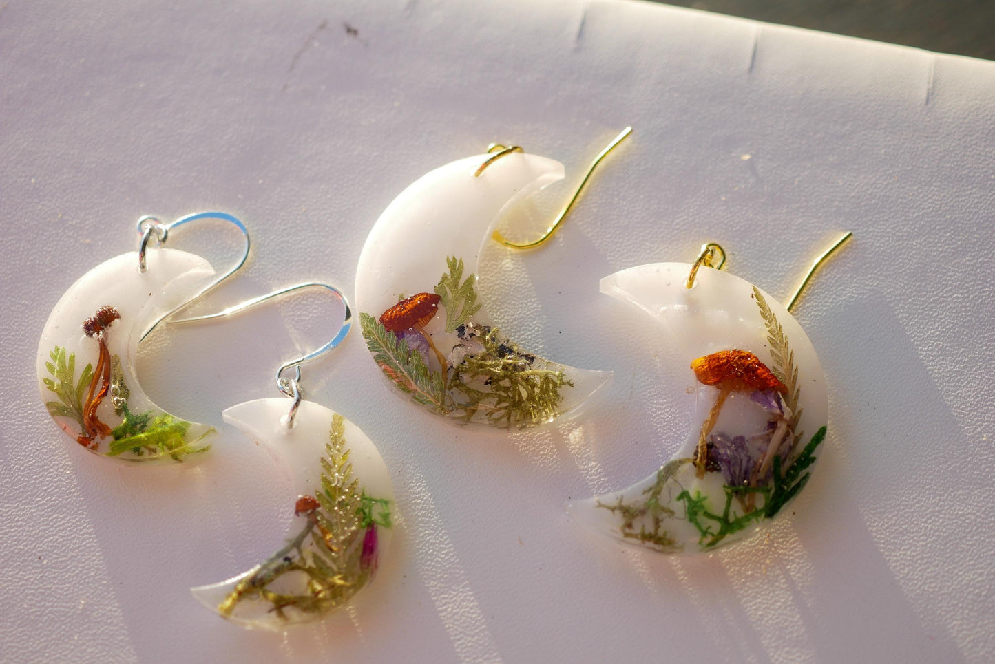 Real Mushroom Woodland Moon Earrings, fairy core mushroom motif