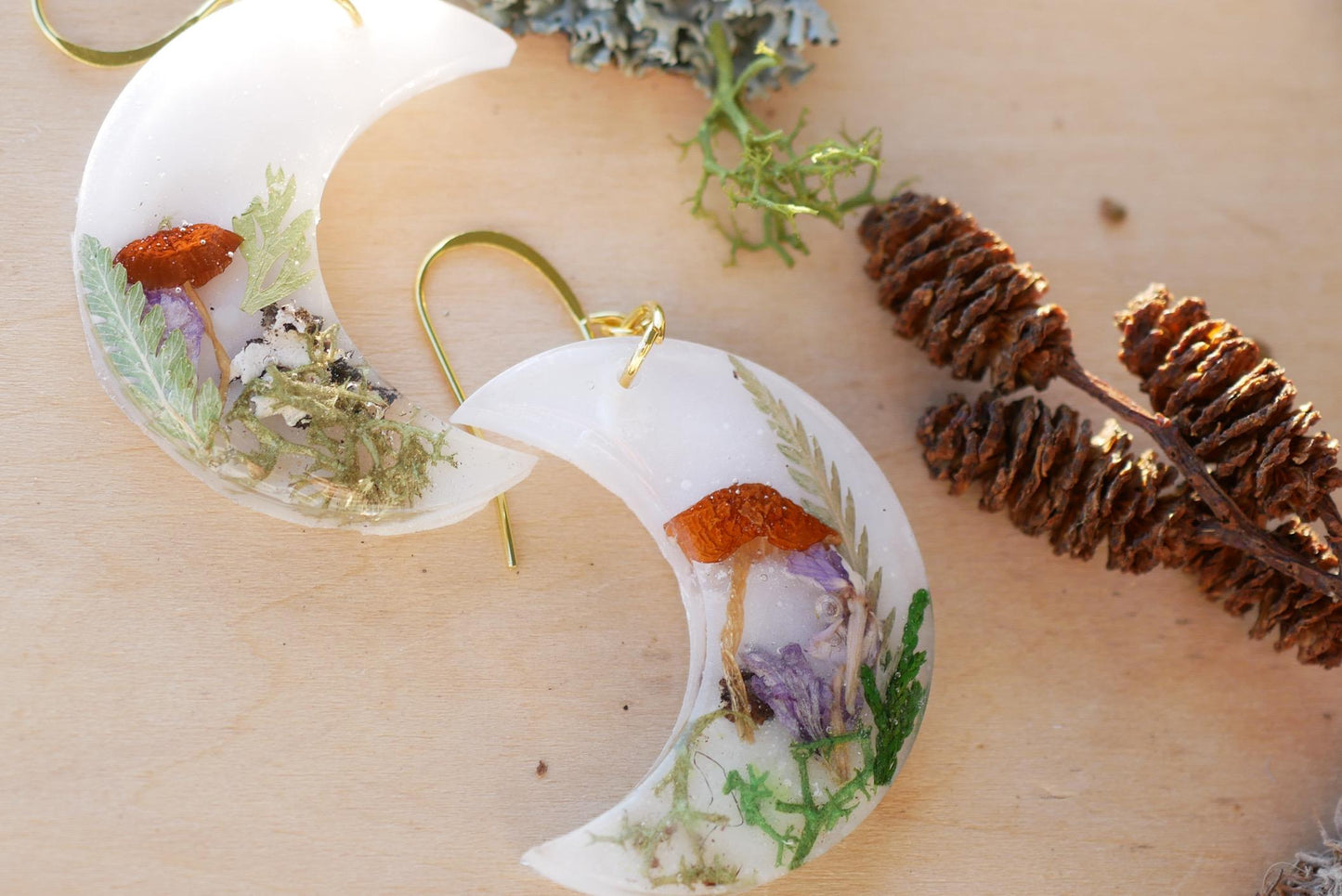 Real Mushroom Woodland Moon Earrings, fairy core mushroom motif