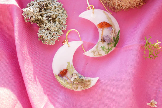 Real Mushroom Woodland Moon Earrings, fairy core mushroom motif