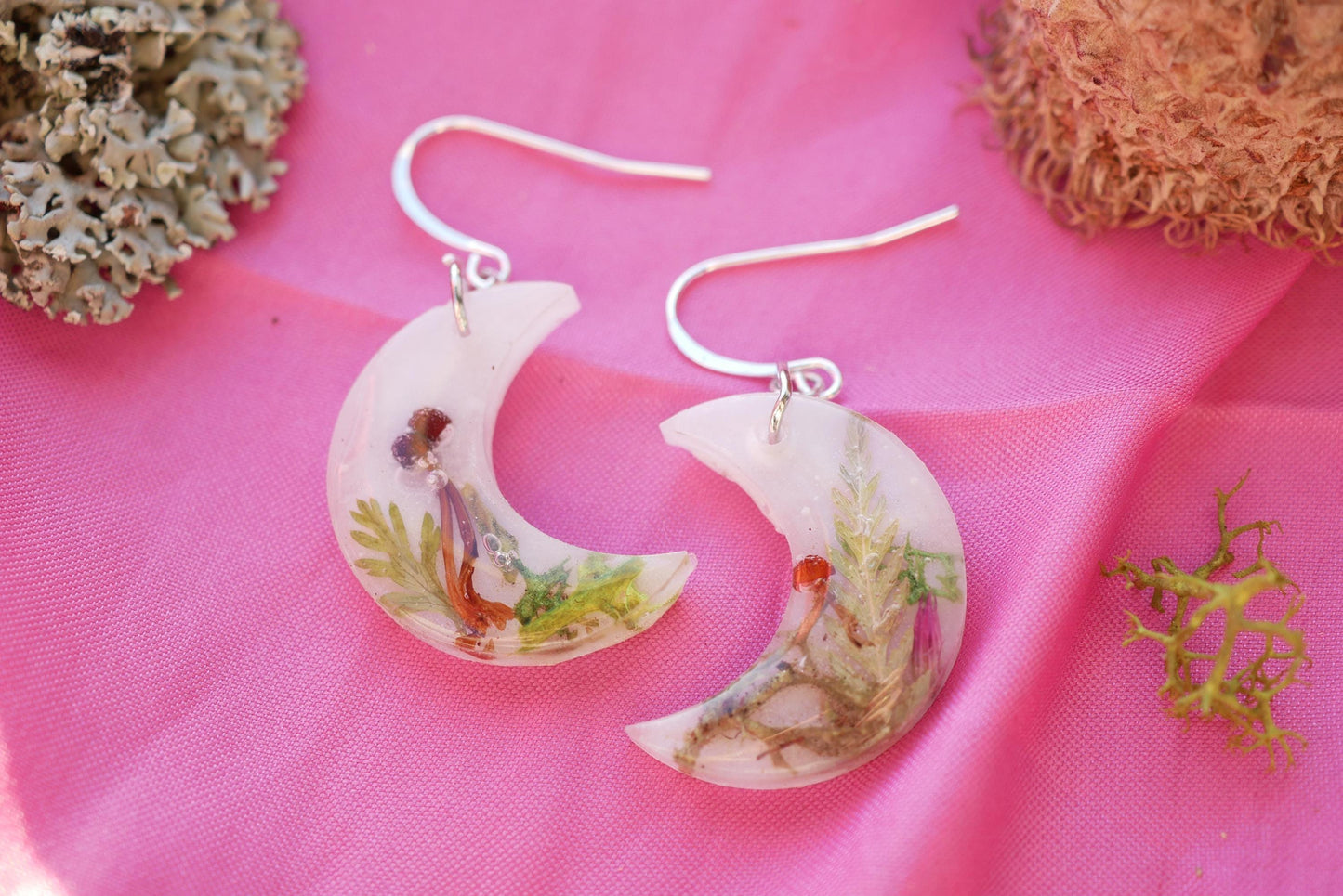 Real Mushroom Woodland Moon Earrings, fairy core mushroom motif