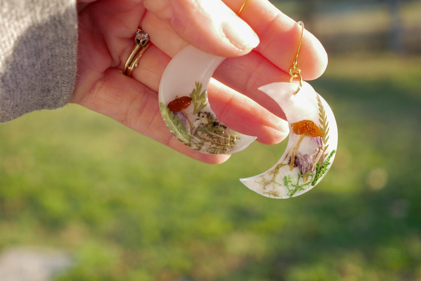 Real Mushroom Woodland Moon Earrings, fairy core mushroom motif