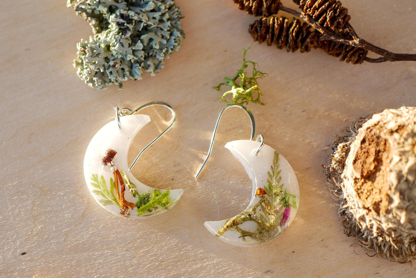 Real Mushroom Woodland Moon Earrings, fairy core mushroom motif