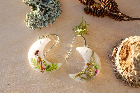 Real Mushroom Woodland Moon Earrings, fairy core mushroom motif