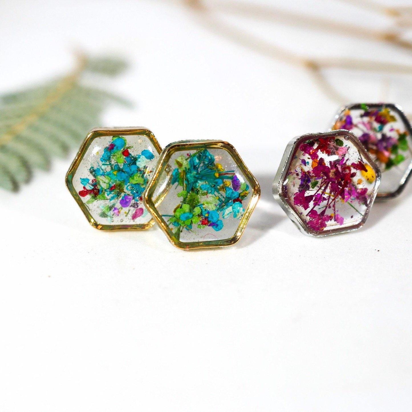 Real flower confetti stud earrings, hexagon botanical earrings, pressed flower jewelry