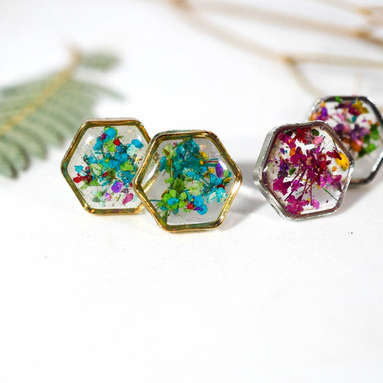 Real flower confetti stud earrings, hexagon botanical earrings, pressed flower jewelry