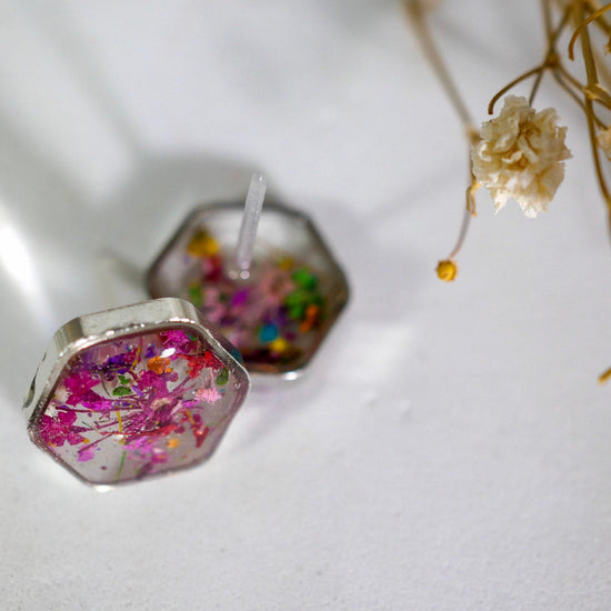 Real flower confetti stud earrings, hexagon botanical earrings, pressed flower jewelry