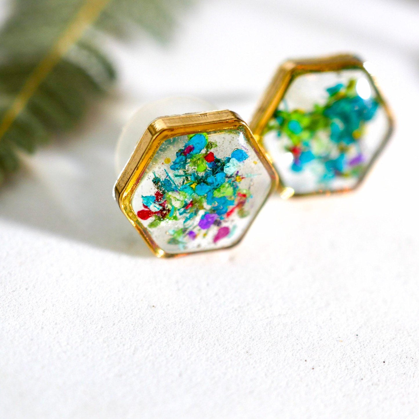 Real flower confetti stud earrings, hexagon botanical earrings, pressed flower jewelry