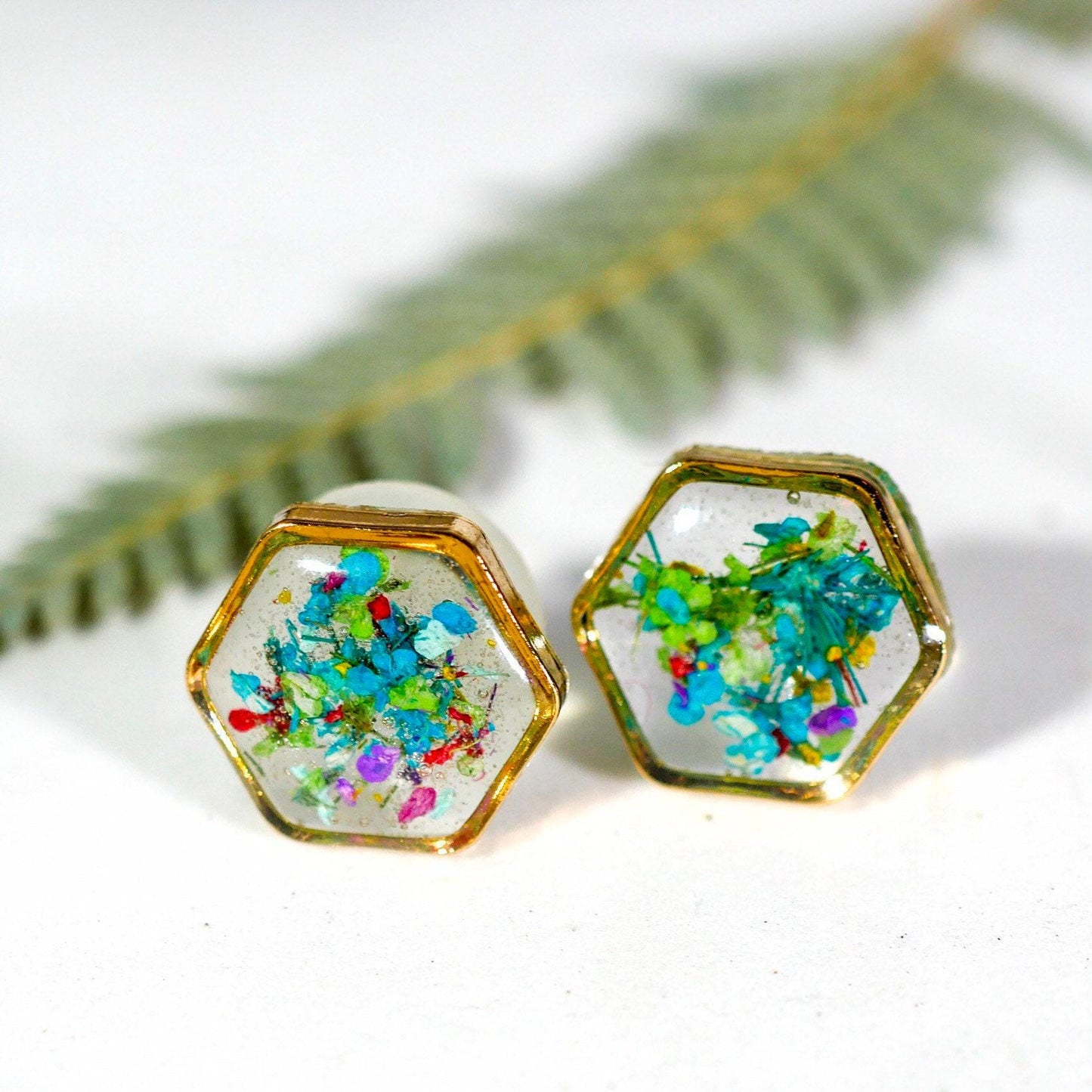 Real flower confetti stud earrings, hexagon botanical earrings, pressed flower jewelry