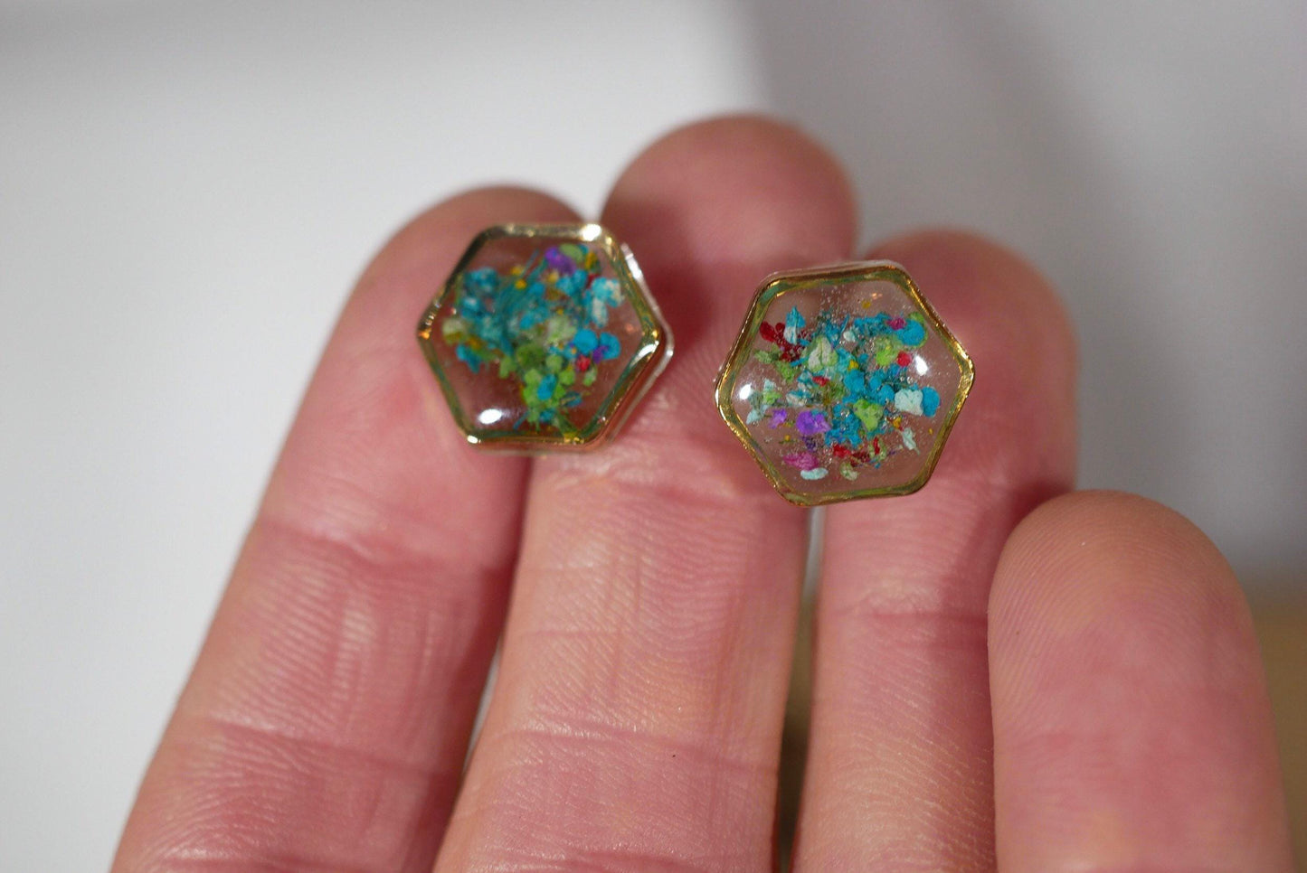 Real flower confetti stud earrings, hexagon botanical earrings, pressed flower jewelry