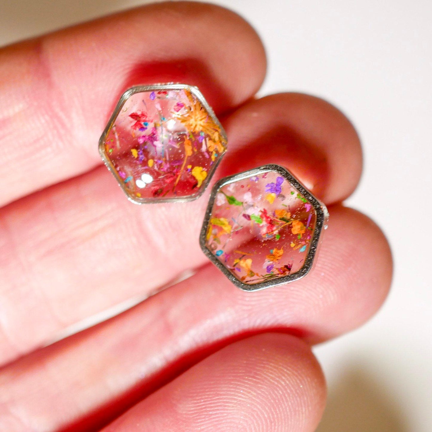 Real flower confetti stud earrings, hexagon botanical earrings, pressed flower jewelry