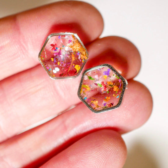 Real flower confetti stud earrings, hexagon botanical earrings, pressed flower jewelry