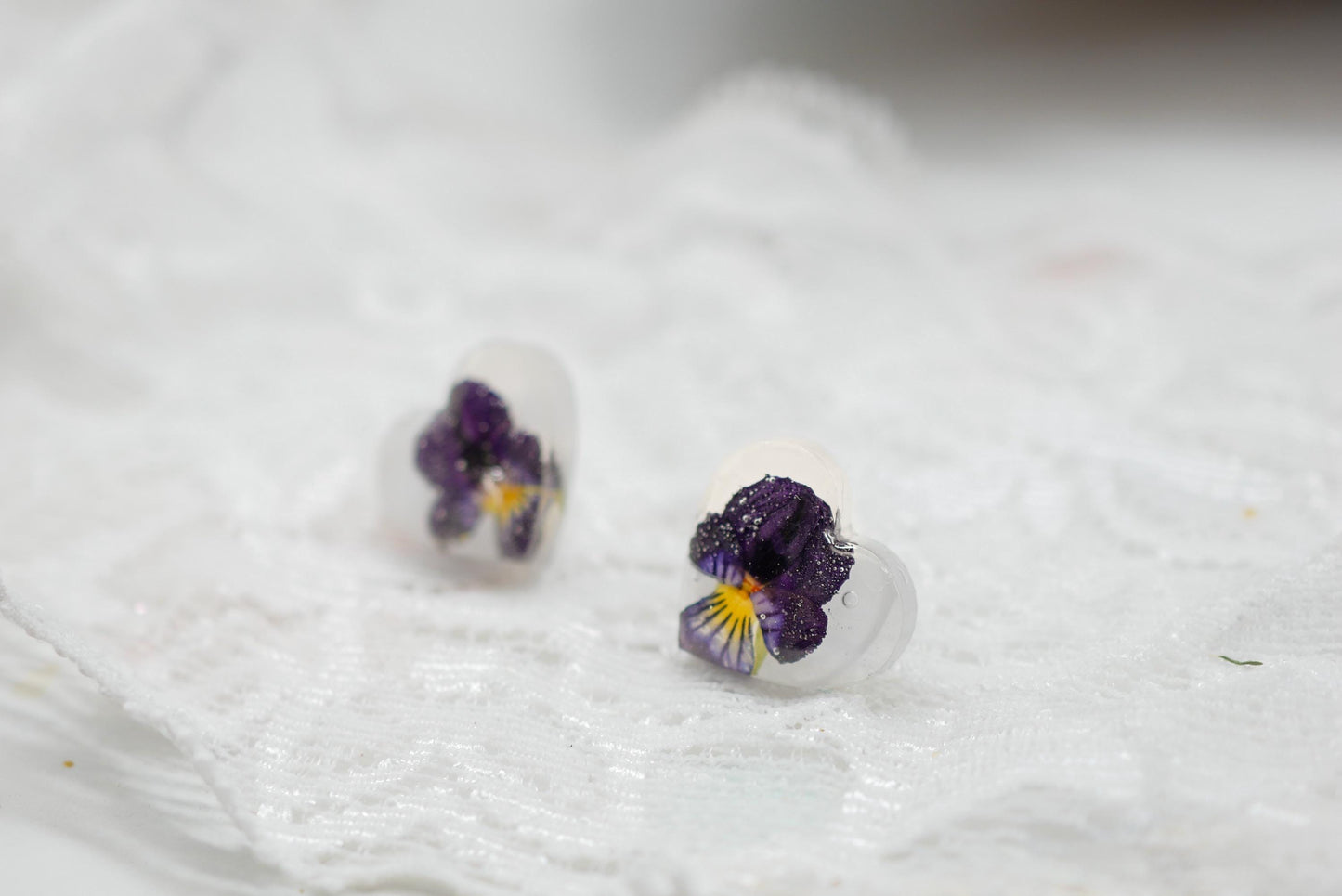 Tiny Pansy Heart Stud Earrings – February Birth Flower Jewelry, dainty floral earrings