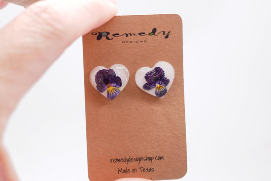 Tiny Pansy Heart Stud Earrings – February Birth Flower Jewelry, dainty floral earrings