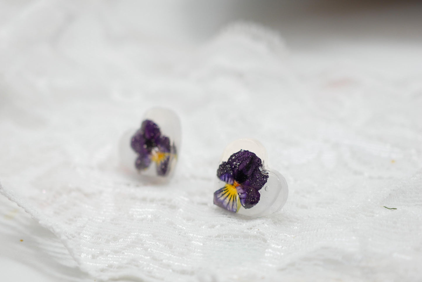 Tiny Pansy Heart Stud Earrings – February Birth Flower Jewelry, dainty floral earrings