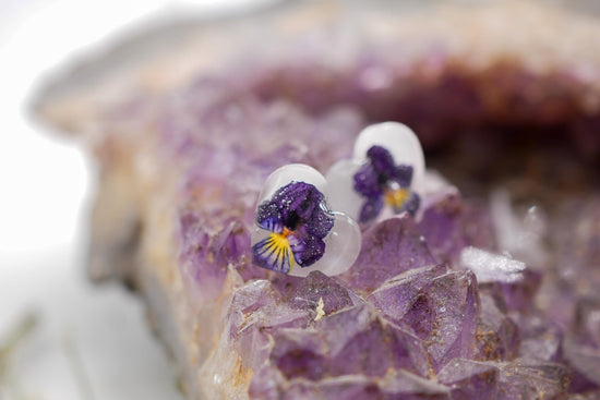Tiny Pansy Heart Stud Earrings – February Birth Flower Jewelry, dainty floral earrings