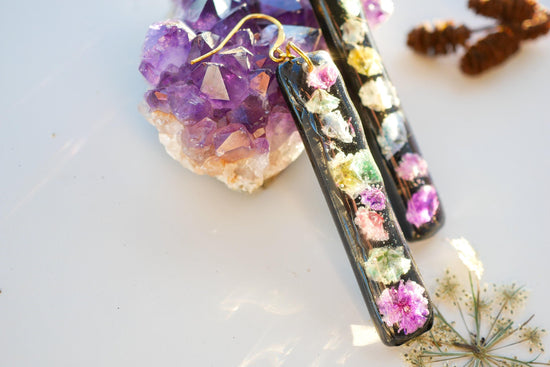 Statement pressed flower rainbow black vertical bar earrings