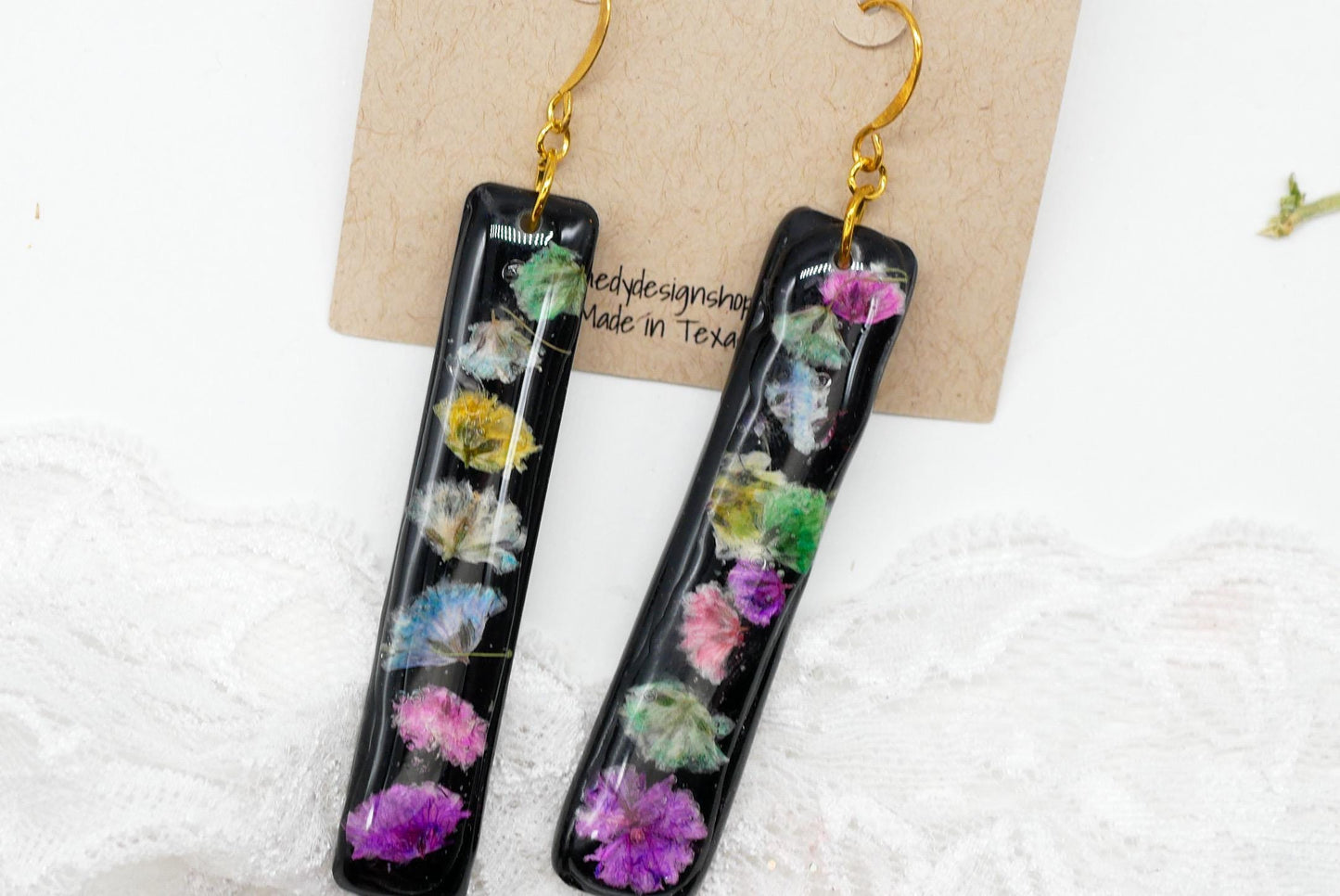 Statement pressed flower rainbow black vertical bar earrings
