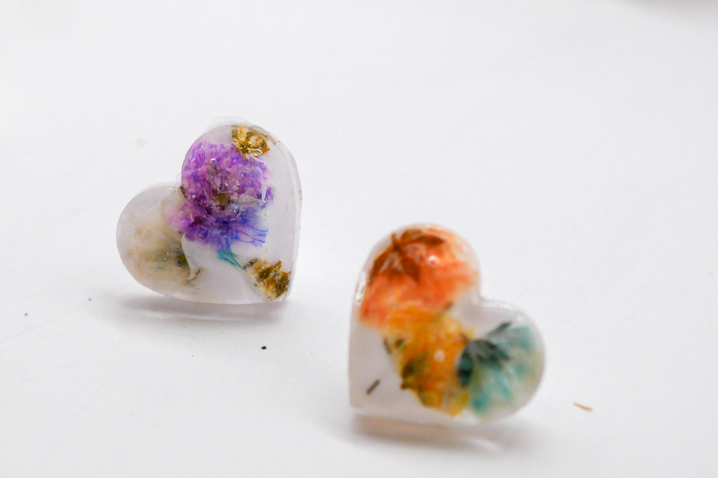 Rainbow Baby’s Breath Heart Stud Earrings – Tiny Floral Statement, valentines gift earrings