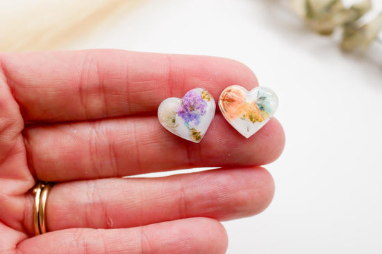 Rainbow Baby’s Breath Heart Stud Earrings – Tiny Floral Statement, valentines gift earrings