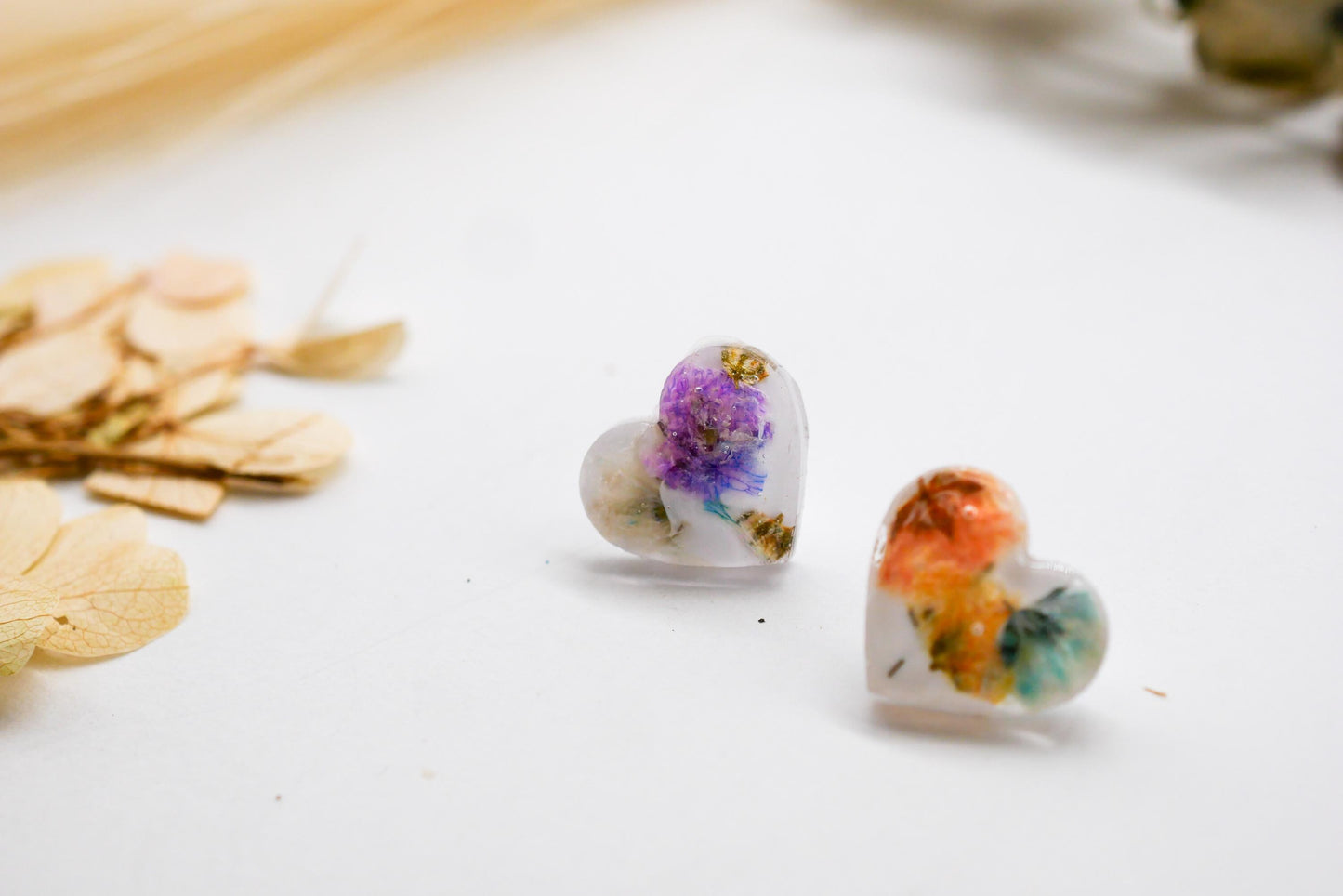 Rainbow Baby’s Breath Heart Stud Earrings – Tiny Floral Statement, valentines gift earrings