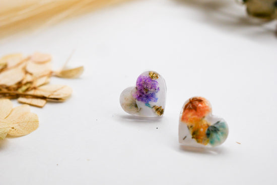 Rainbow Baby’s Breath Heart Stud Earrings – Tiny Floral Statement, valentines gift earrings