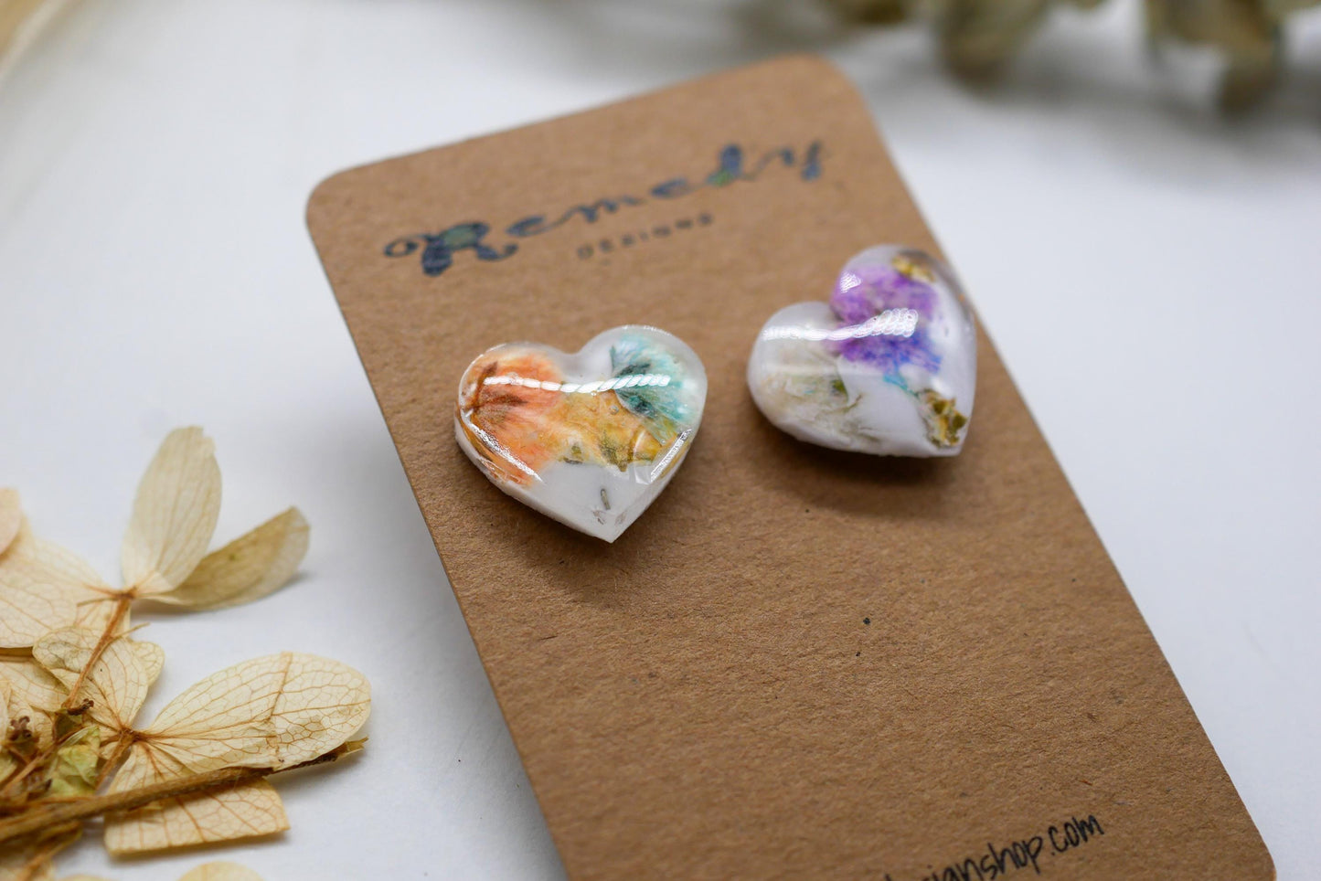 Rainbow Baby’s Breath Heart Stud Earrings – Tiny Floral Statement, valentines gift earrings