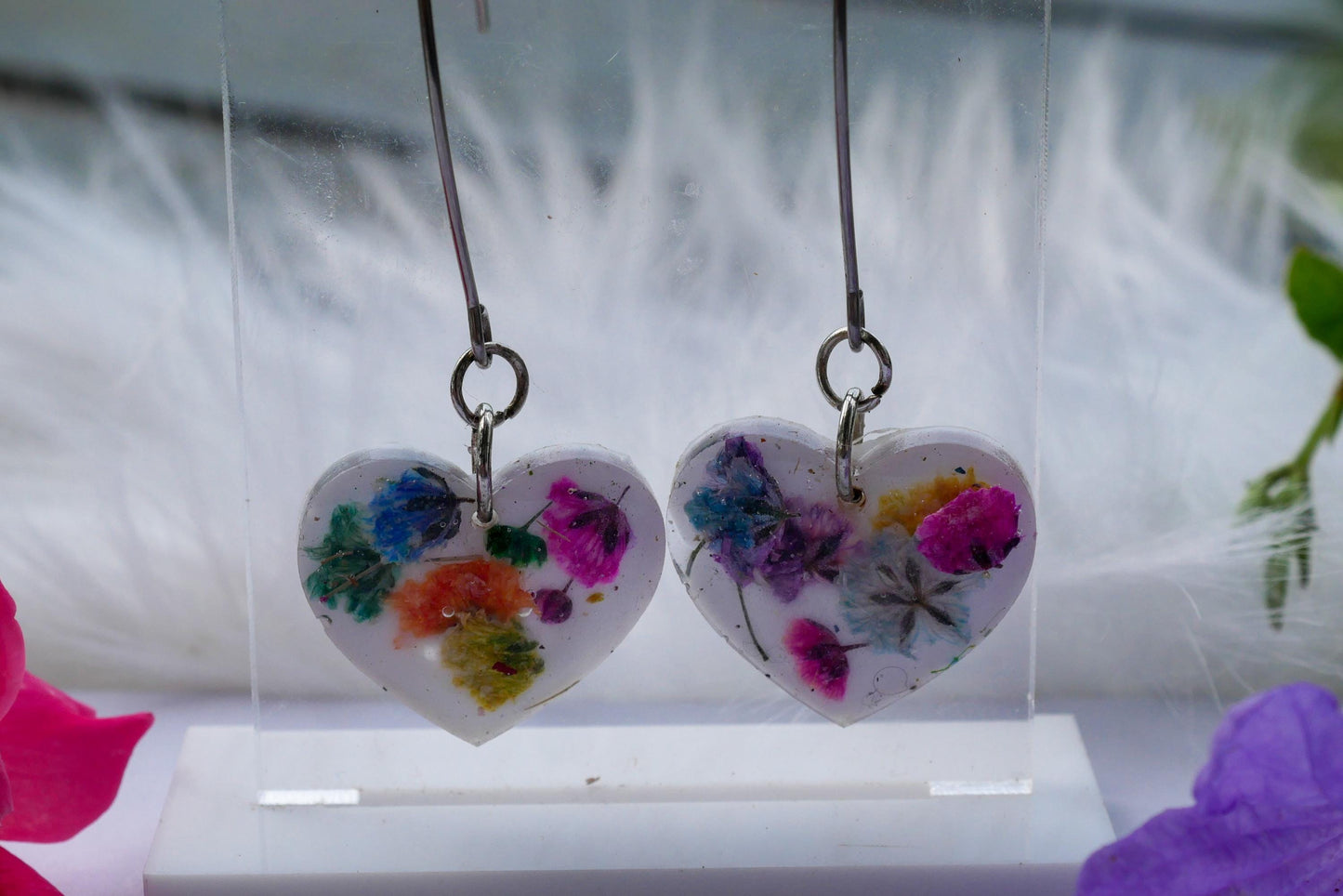 Rainbow Baby’s Breath Heart Dangle Earrings – Long Gold or Silver Wires