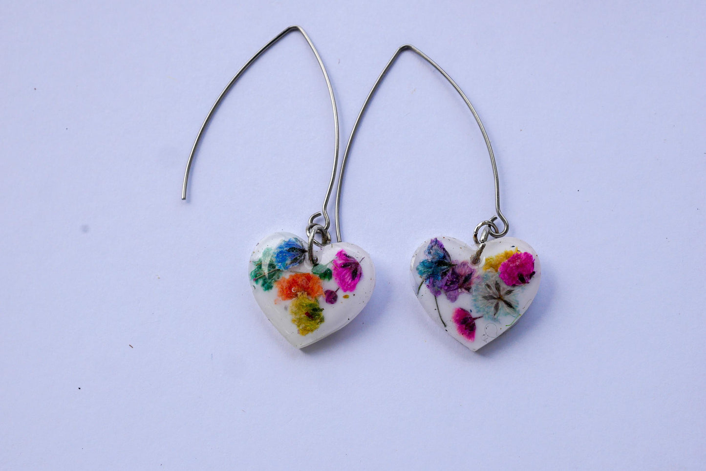 Rainbow Baby’s Breath Heart Dangle Earrings – Long Gold or Silver Wires