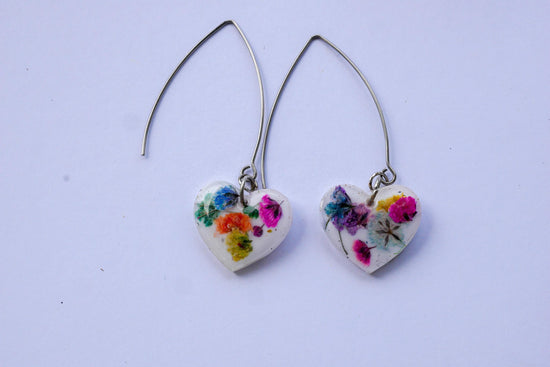 Rainbow Baby’s Breath Heart Dangle Earrings – Long Gold or Silver Wires