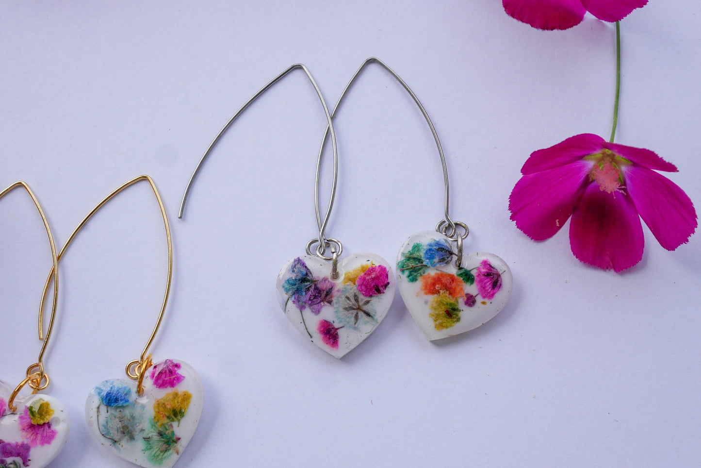 Rainbow Baby’s Breath Heart Dangle Earrings – Long Gold or Silver Wires
