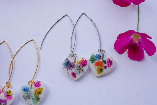 Rainbow Baby’s Breath Heart Dangle Earrings – Long Gold or Silver Wires