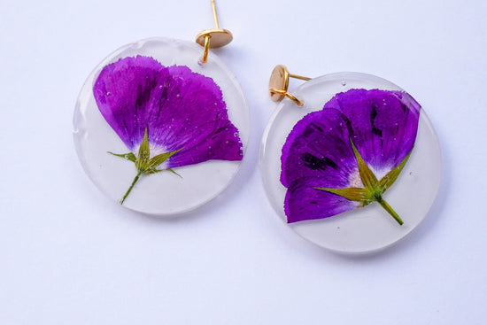 Pressed purple winecup earrings, large statement Texas wildflower earrings