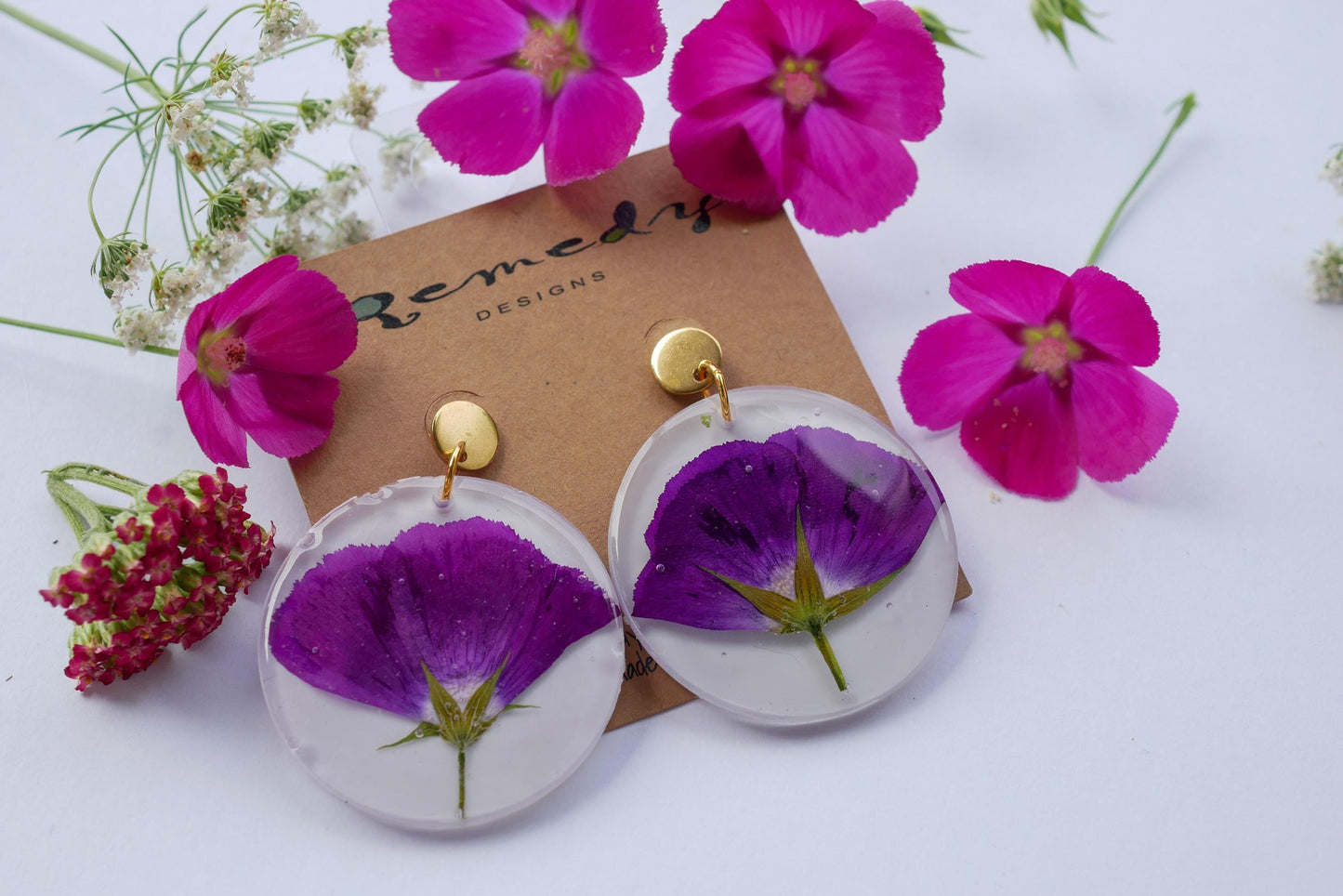 Pressed purple winecup earrings, large statement Texas wildflower earrings