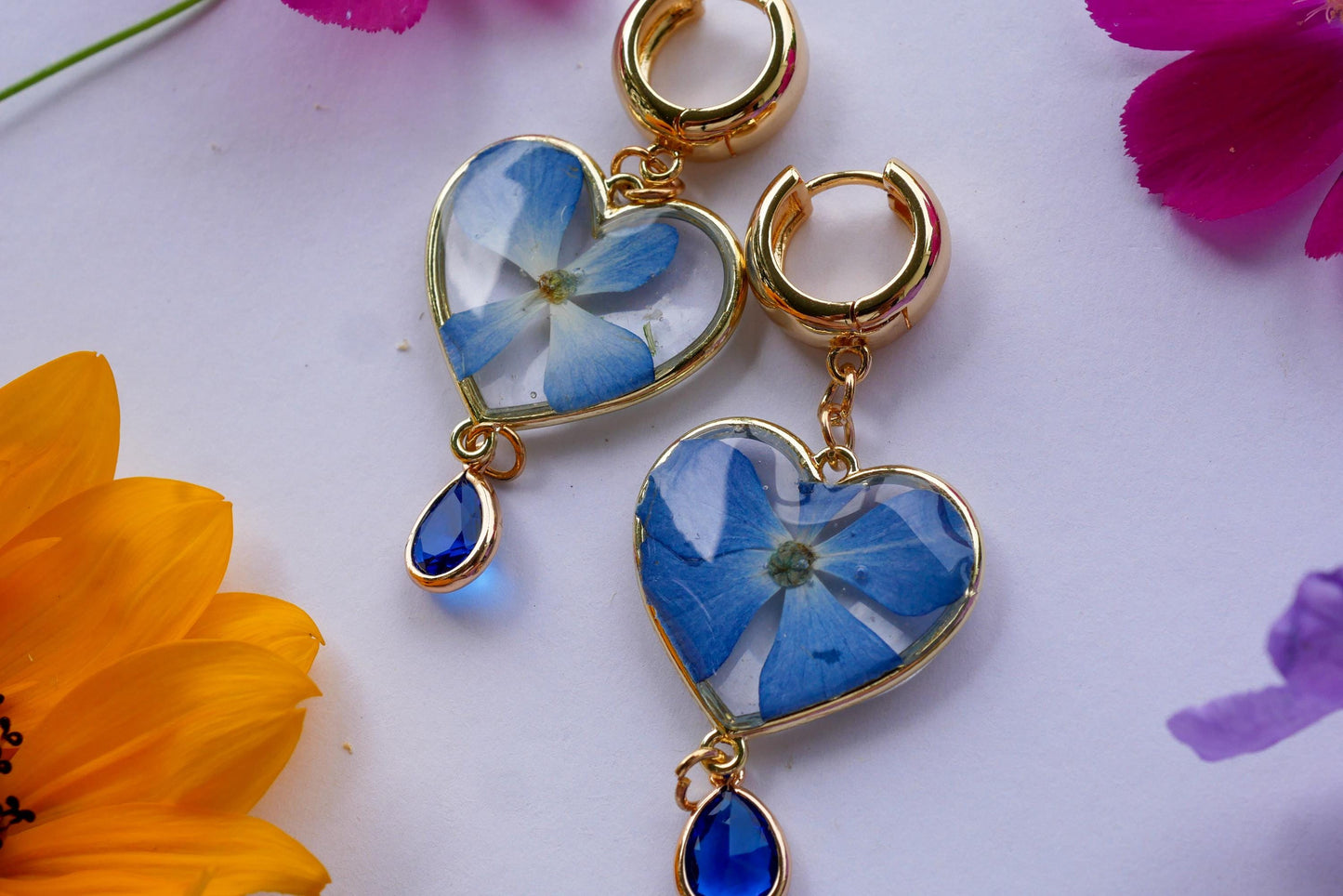 Heart-Shaped Pressed Blue Hydrangea Earrings with Crystal Drop