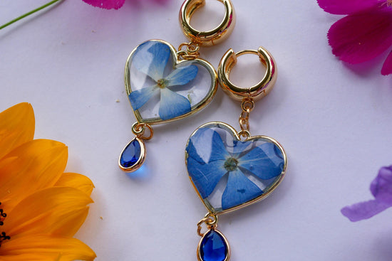 Heart-Shaped Pressed Blue Hydrangea Earrings with Crystal Drop
