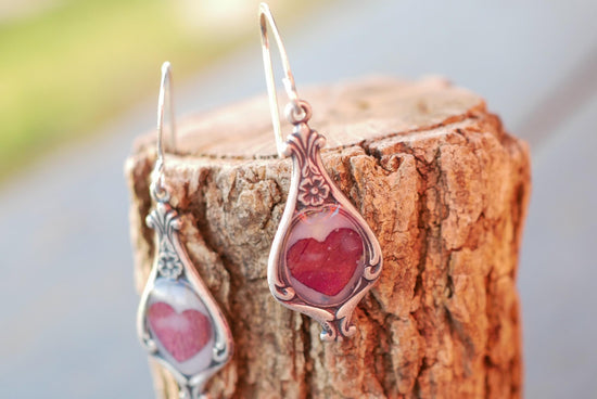 Antique Dainty pressed Rose Petal Heart Earrings- valentines earrings for her