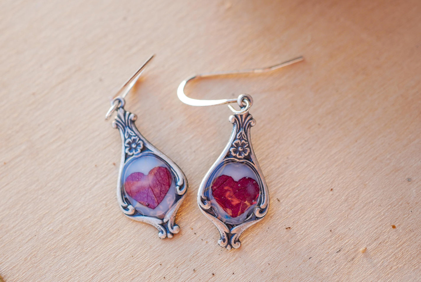 Antique Dainty pressed Rose Petal Heart Earrings- valentines earrings for her