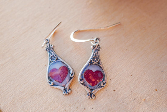 Antique Dainty pressed Rose Petal Heart Earrings- valentines earrings for her