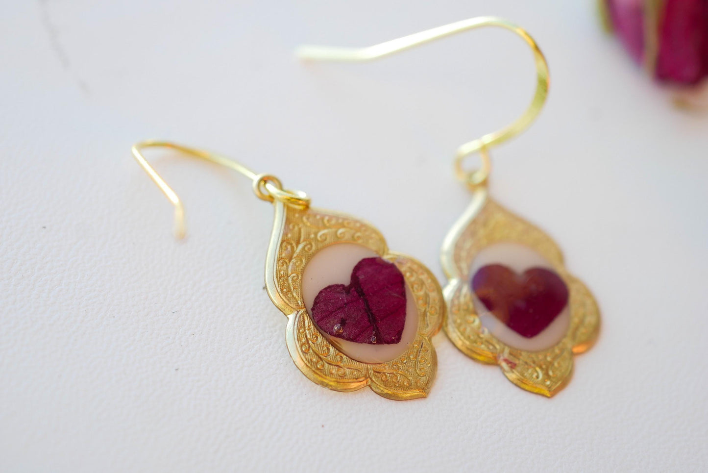 Antique Dainty pressed Rose Petal Heart Earrings- valentines earrings for her