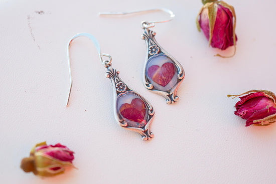 Antique Dainty pressed Rose Petal Heart Earrings- valentines earrings for her