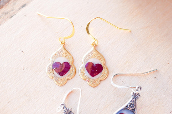 Antique Dainty pressed Rose Petal Heart Earrings- valentines earrings for her