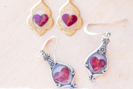 Antique Dainty pressed Rose Petal Heart Earrings- valentines earrings for her