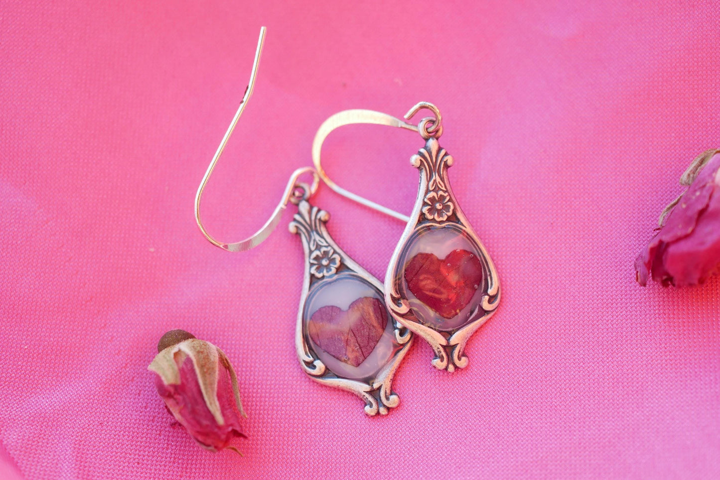 Antique Dainty pressed Rose Petal Heart Earrings- valentines earrings for her