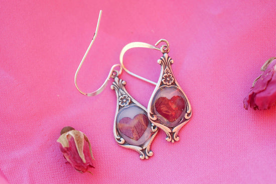 Antique Dainty pressed Rose Petal Heart Earrings- valentines earrings for her