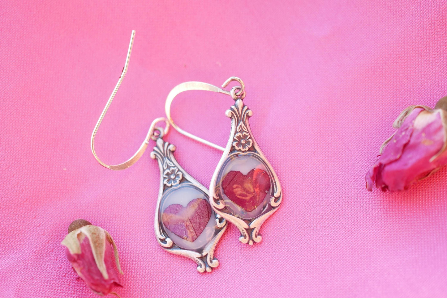 Antique Dainty pressed Rose Petal Heart Earrings- valentines earrings for her