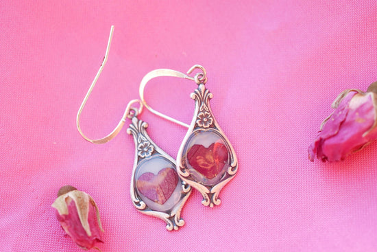 Antique Dainty pressed Rose Petal Heart Earrings- valentines earrings for her